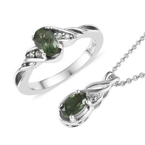 Tanzanian Natural Green Apatite and White Zircon Ring and Pendant Necklace